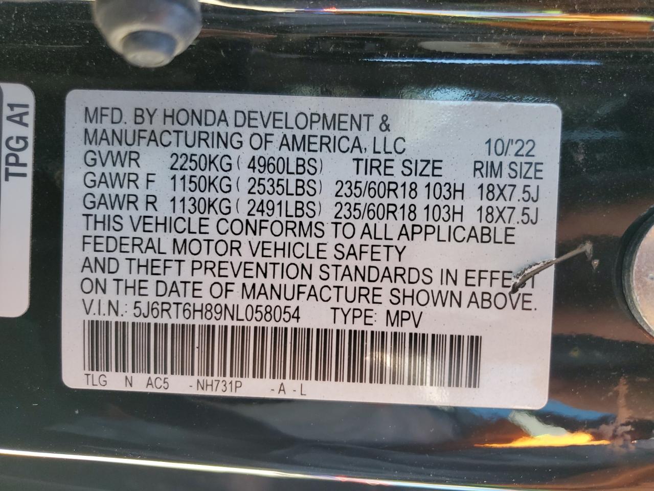 2022 HONDA CR-V EXL VIN:5J6RT6H89NL058054