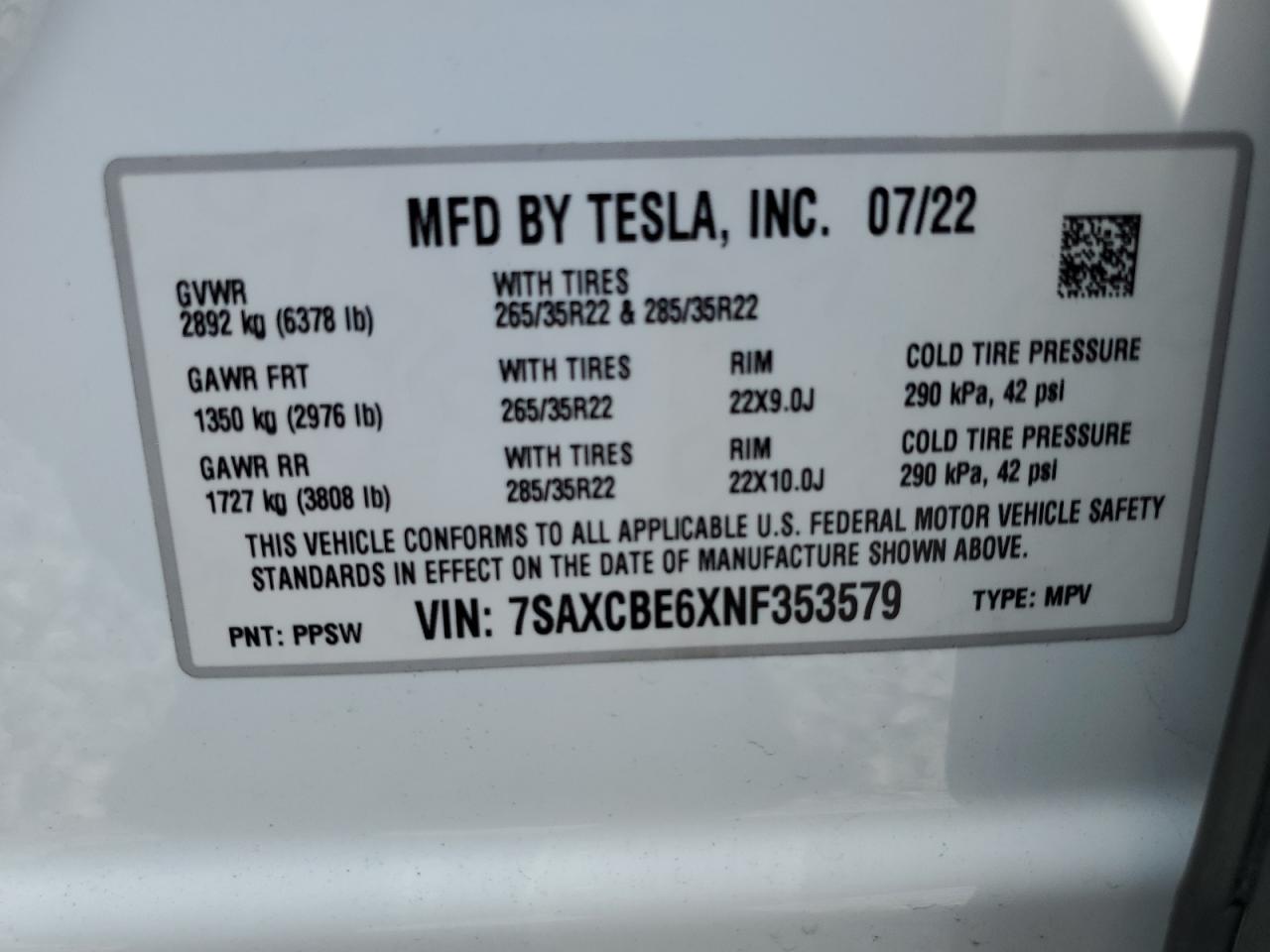 2022 TESLA MODEL X VIN:7SAXCBE6XNF353579
