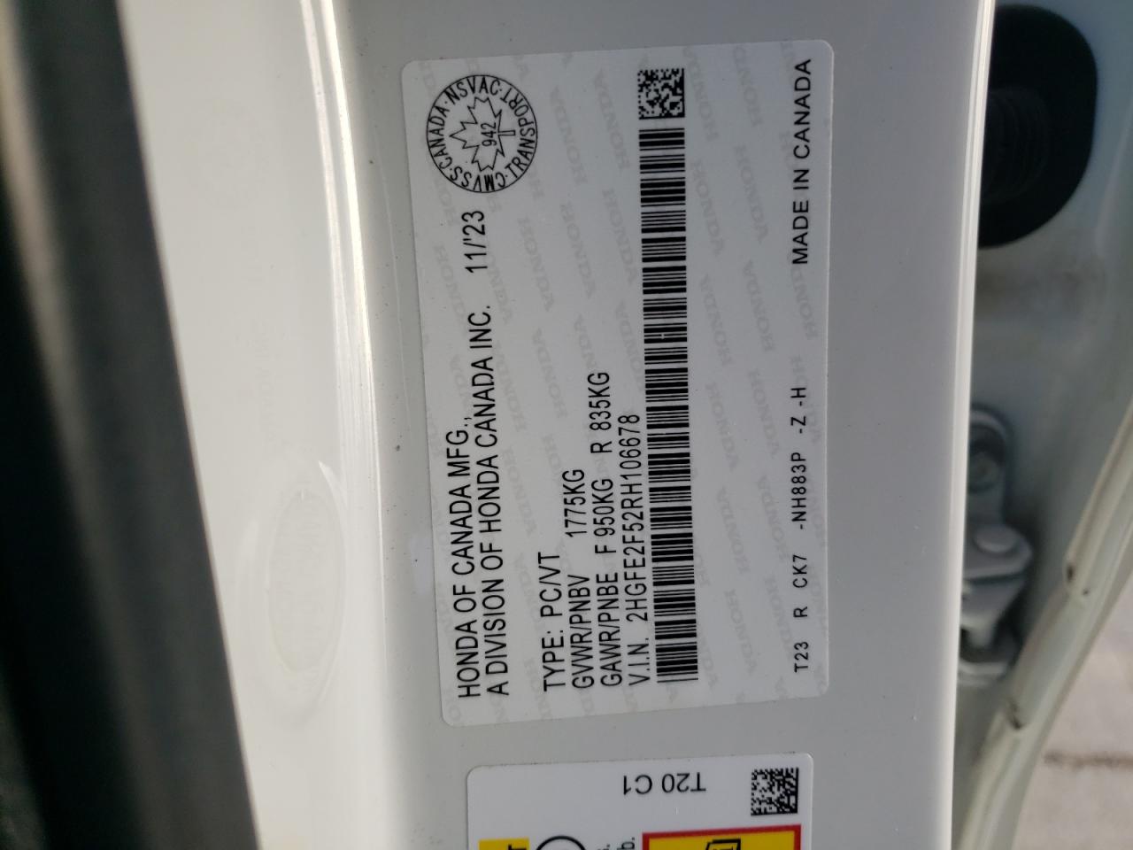 2024 HONDA CIVIC SPORT VIN:2HGFE2F52RH106678