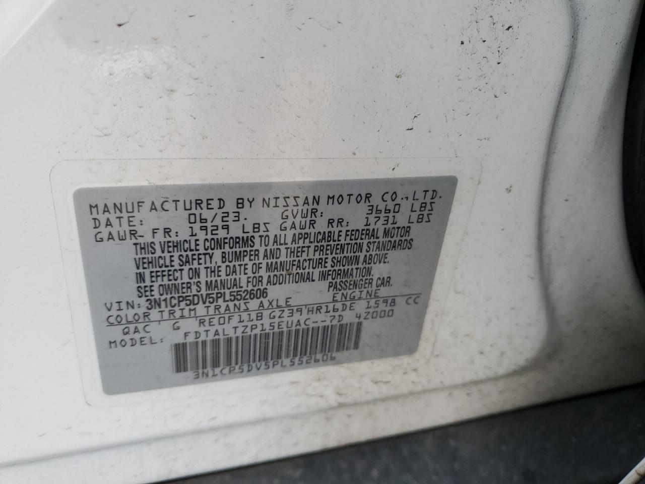 2023 NISSAN KICKS SR VIN:3N1CP5DV5PL552606
