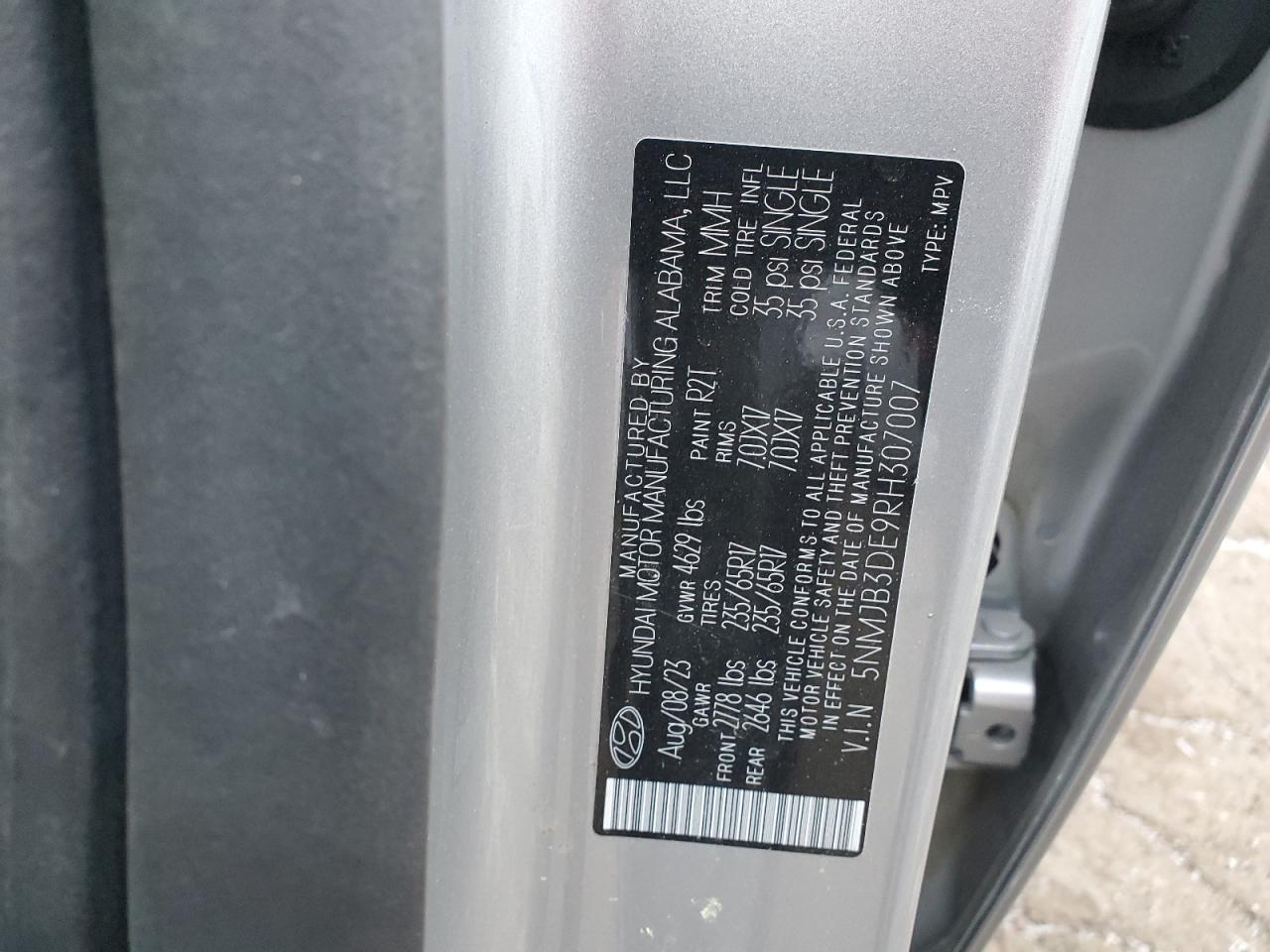 2024 HYUNDAI TUCSON SEL VIN:5NMJB3DE9RH307007