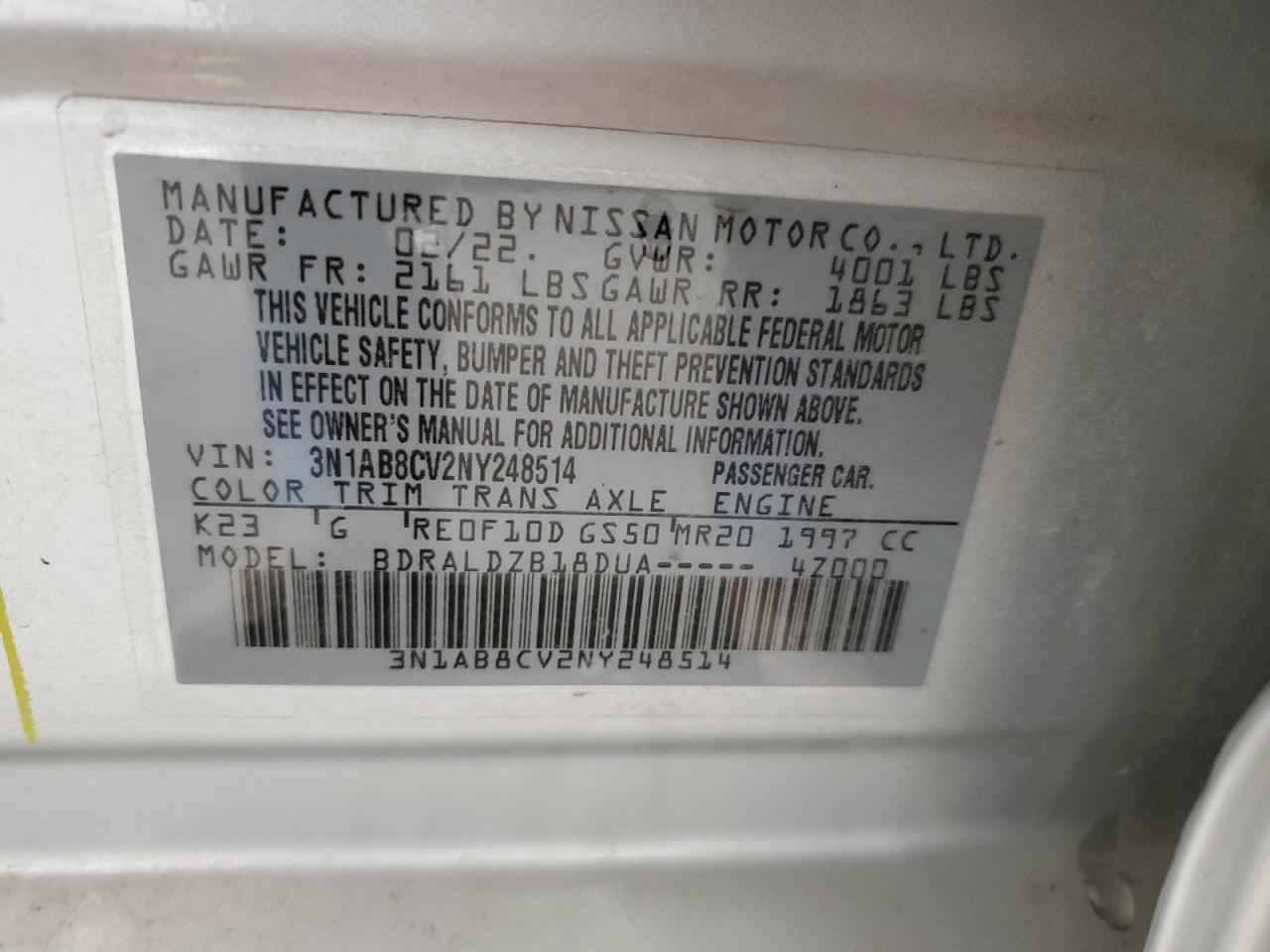 2022 NISSAN SENTRA SV VIN:3N1AB8CV2NY248514