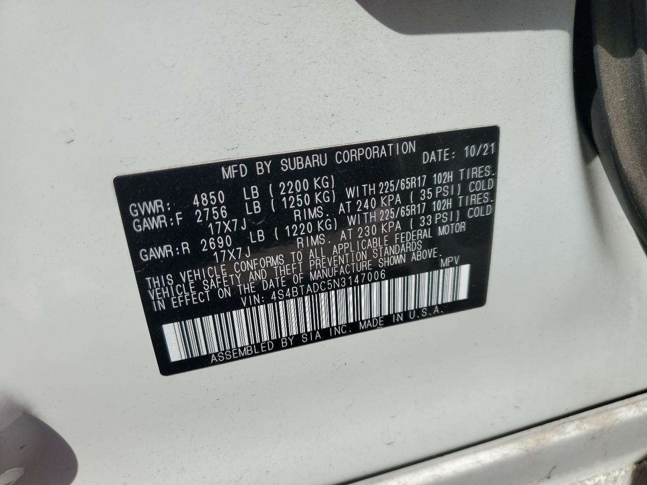 2022 SUBARU OUTBACK PREMIUM VIN:4S4BTADC5N3147006