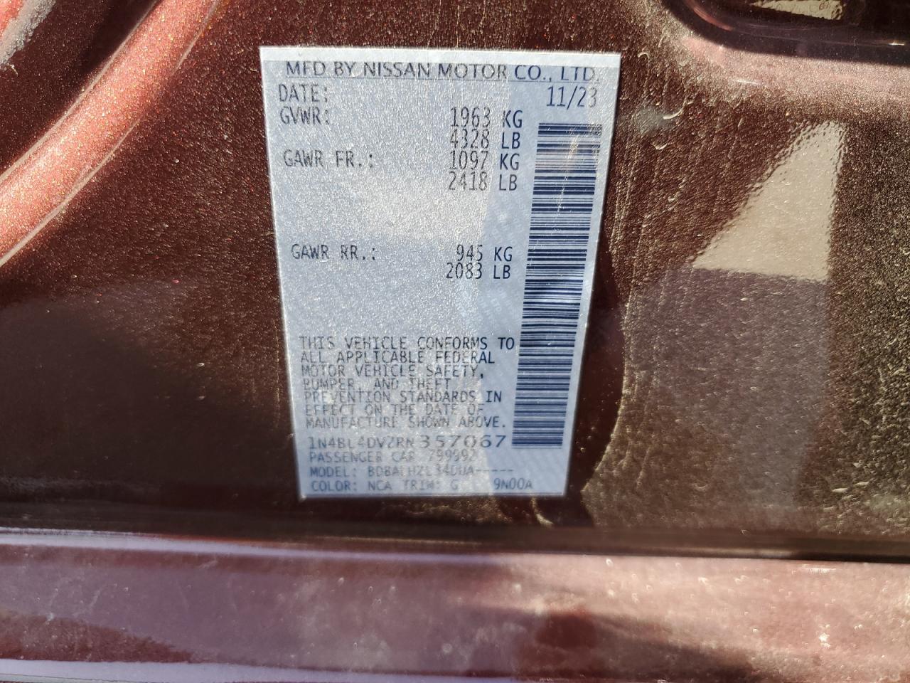 2024 NISSAN ALTIMA SV VIN:1N4BL4DV2RN357067