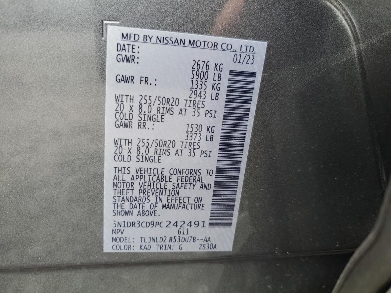 2023 NISSAN PATHFINDER SL VIN:5N1DR3CD9PC242491