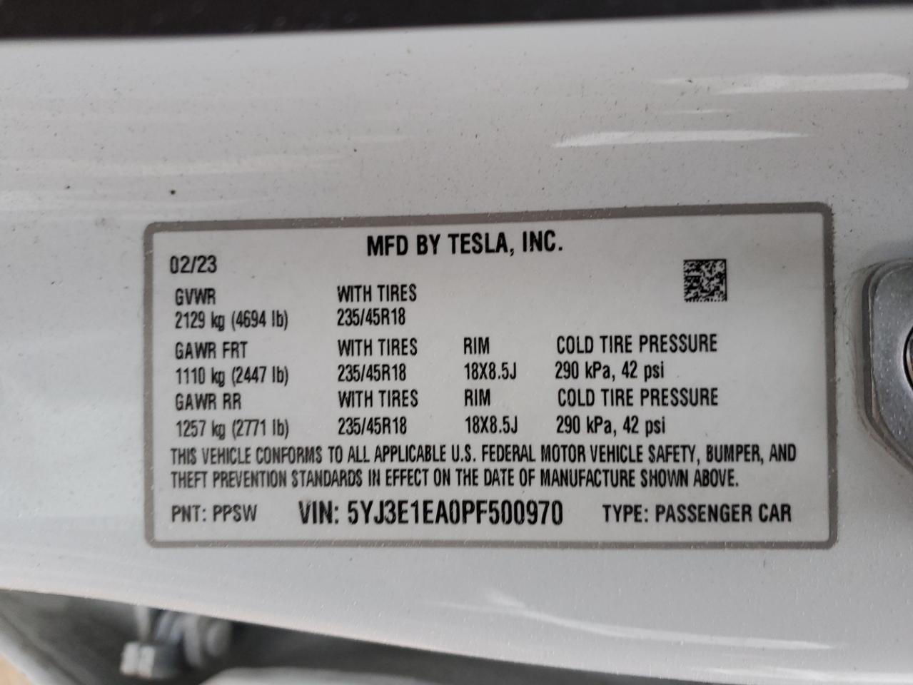 2023 TESLA MODEL 3 VIN:5YJ3E1EA0PF500970