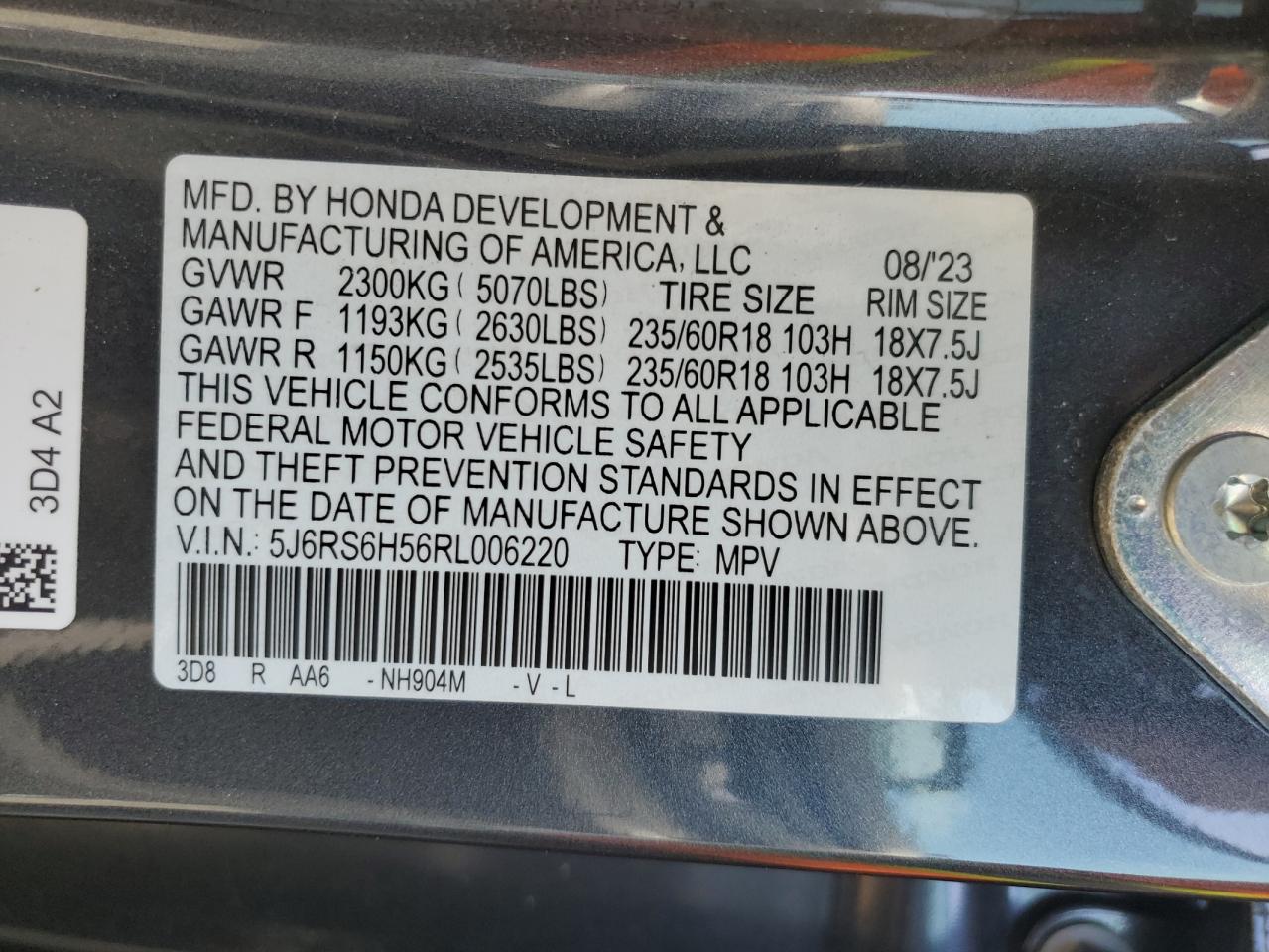 2024 HONDA CR-V SPORT VIN:5J6RS6H56RL006220