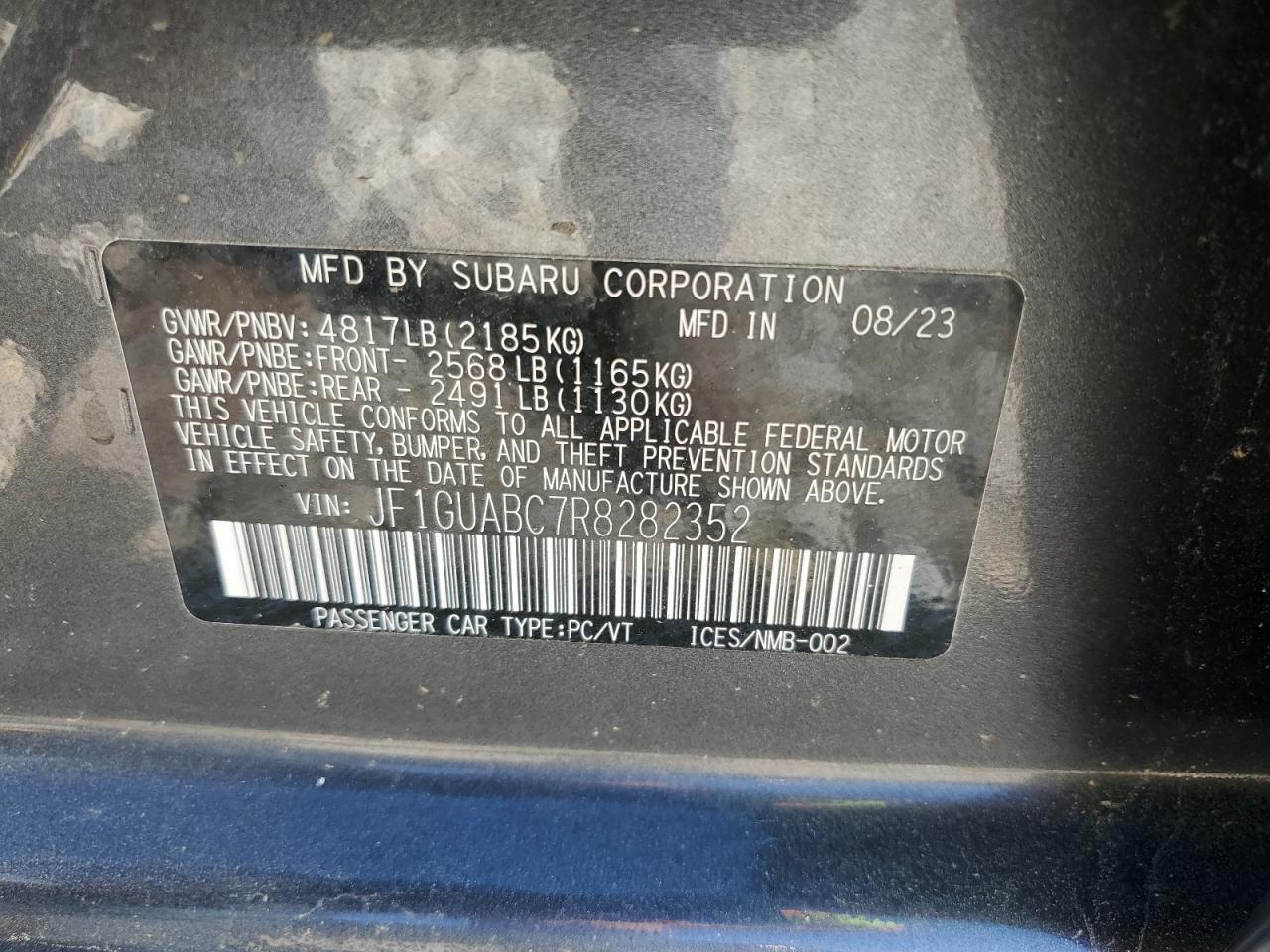 2024 SUBARU IMPREZA VIN:JF1GUABC7R8282352