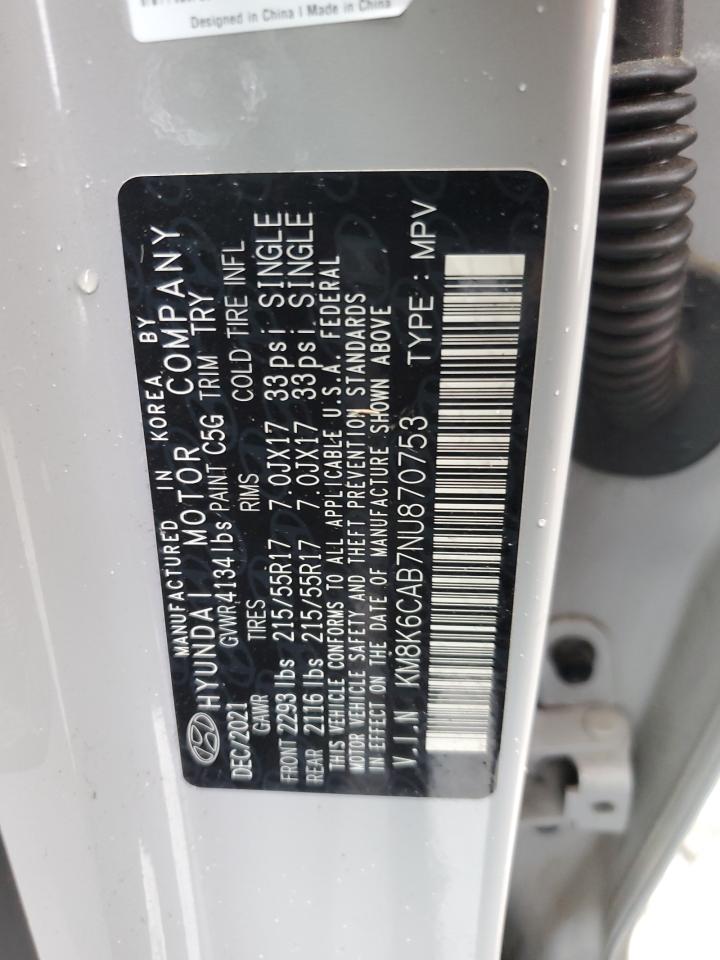 2022 HYUNDAI KONA SEL VIN:KM8K6CAB7NU870753