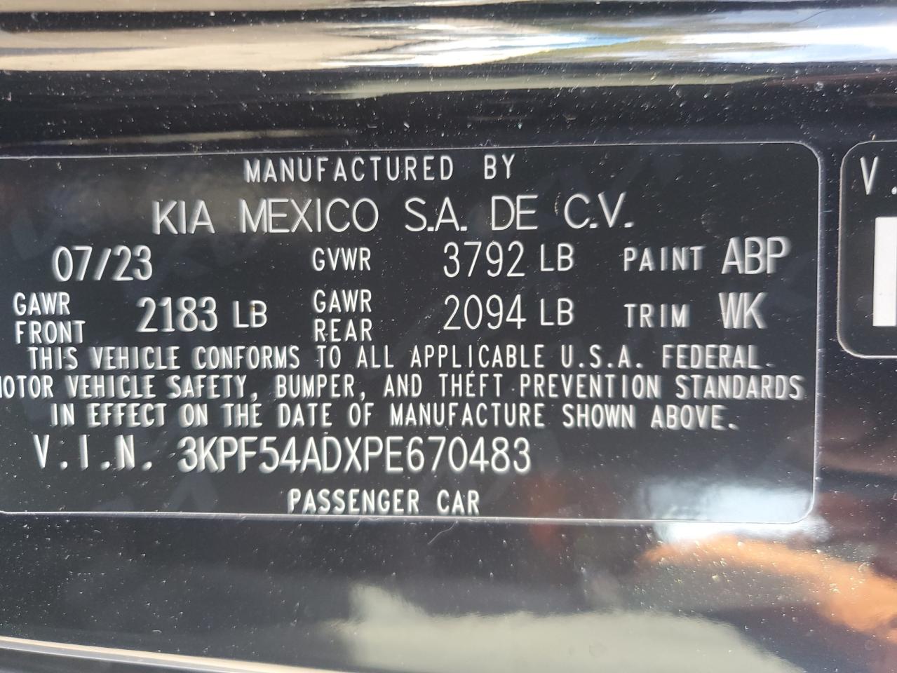 2023 KIA FORTE GT LINE VIN:3KPF54ADXPE670483