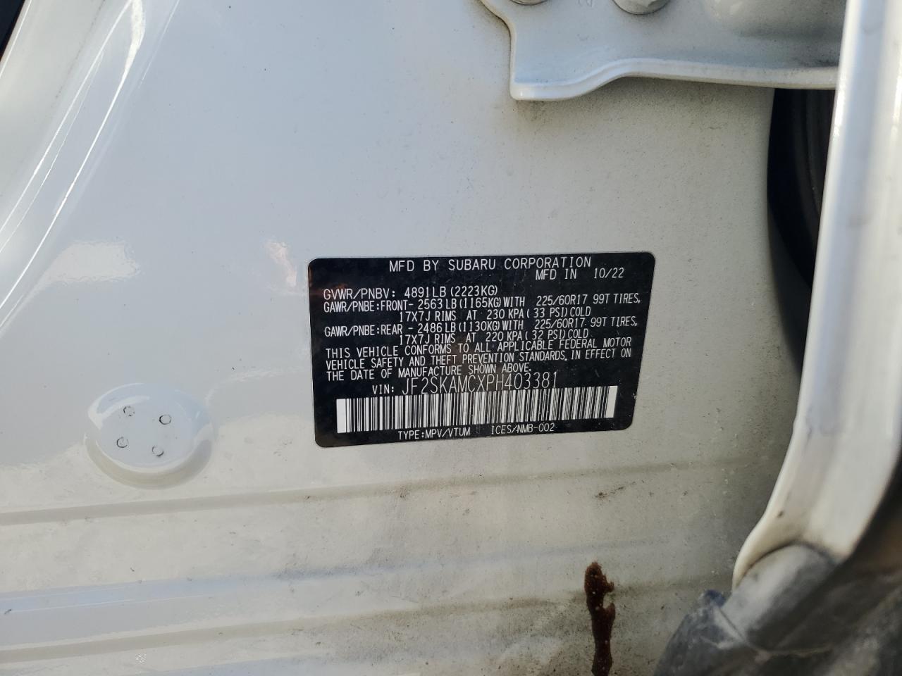 2023 SUBARU FORESTER WILDERNESS VIN:JF2SKAMCXPH403381