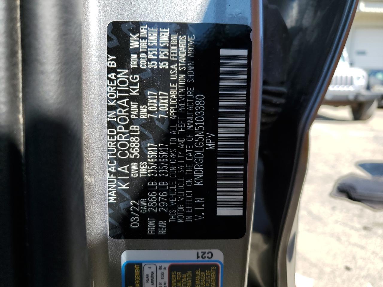 2022 KIA SORENTO S VIN:KNDRGDLG5N5103380