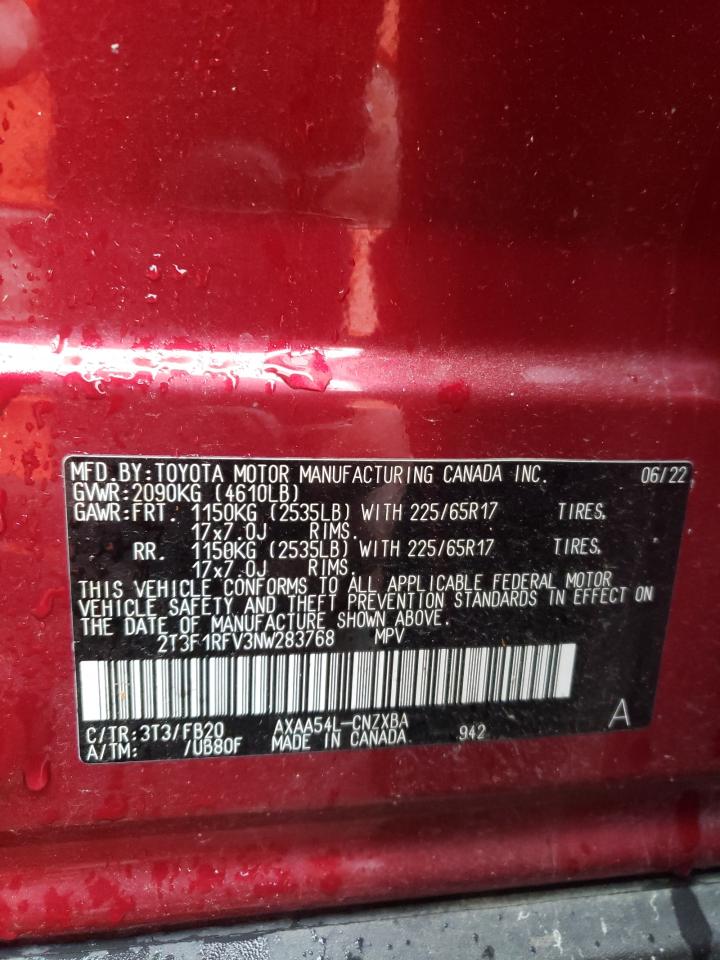 2022 TOYOTA RAV4 LE VIN:2T3F1RFV3NW283768