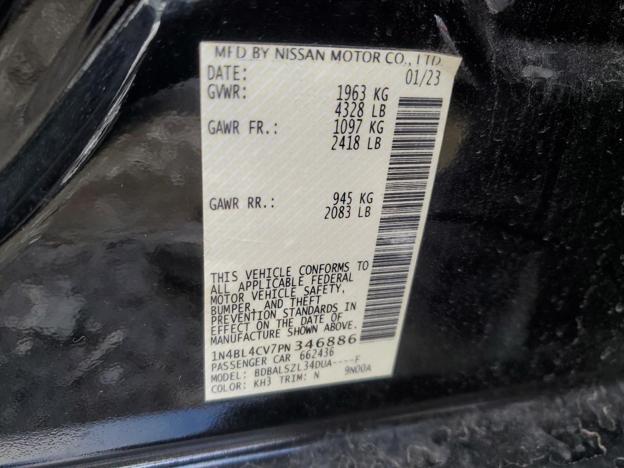 2023 NISSAN ALTIMA SR VIN:1N4BL4CV7PN346886