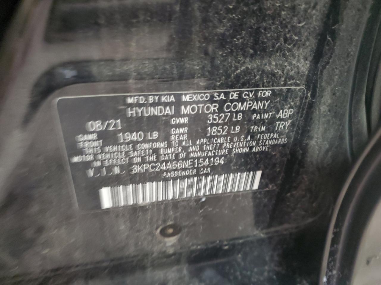 2022 HYUNDAI ACCENT SE VIN:3KPC24A66NE154194