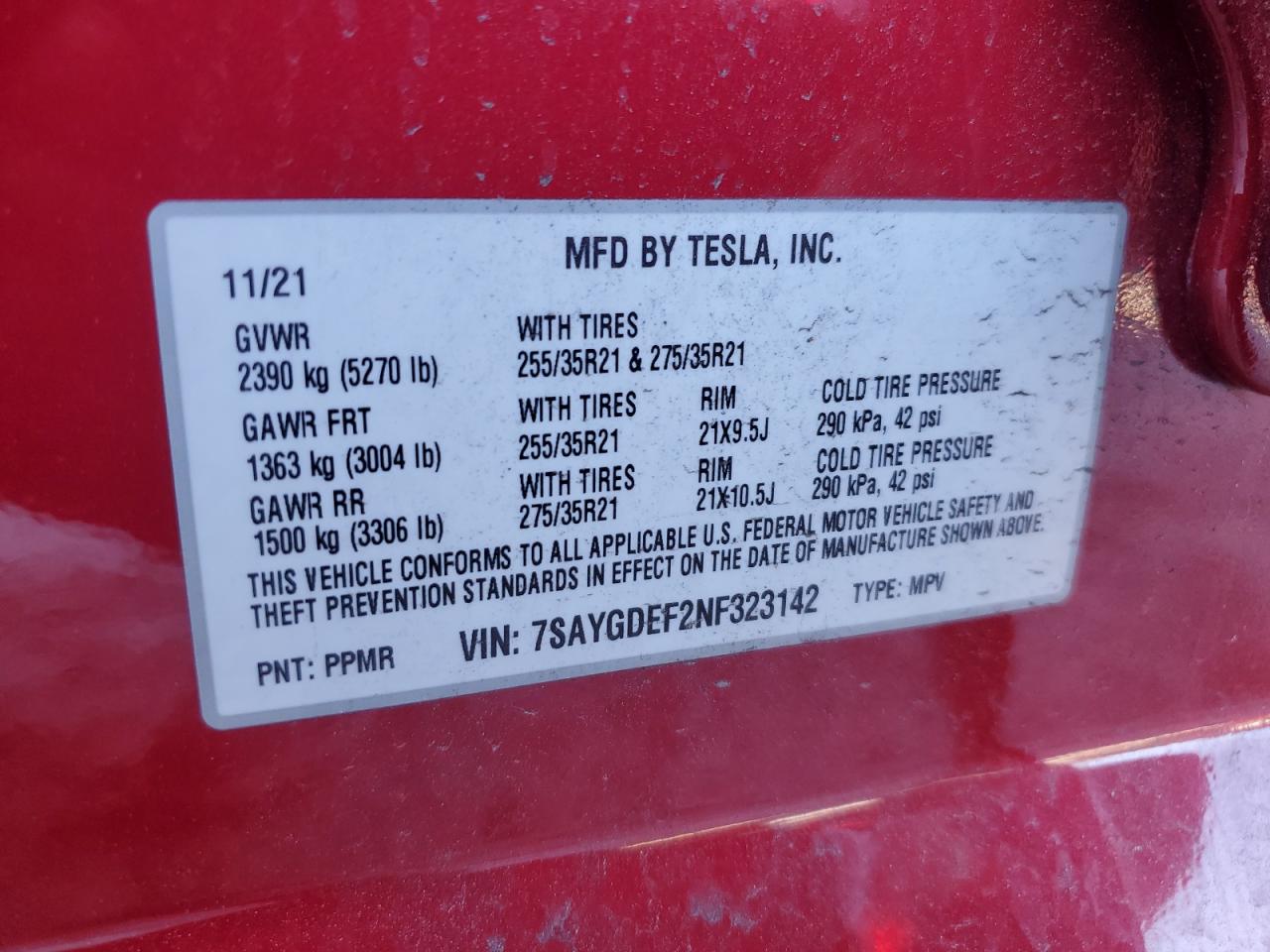 2022 TESLA MODEL Y VIN:7SAYGDEF2NF323142