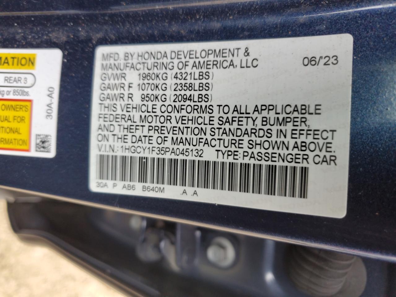 2023 HONDA ACCORD EX VIN:1HGCY1F35PA045132