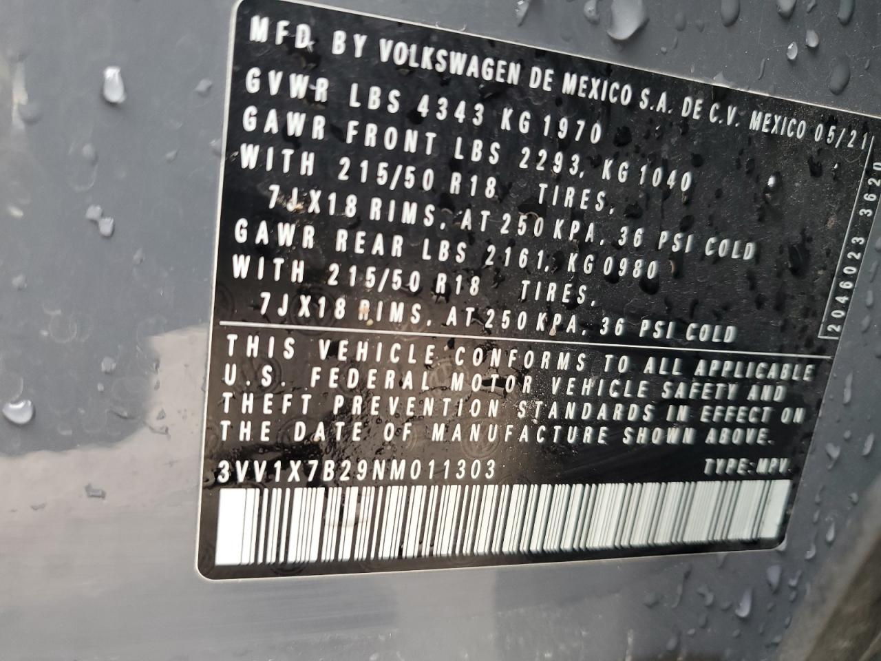 2022 VOLKSWAGEN TAOS SEL VIN:3VV1X7B29NM011303
