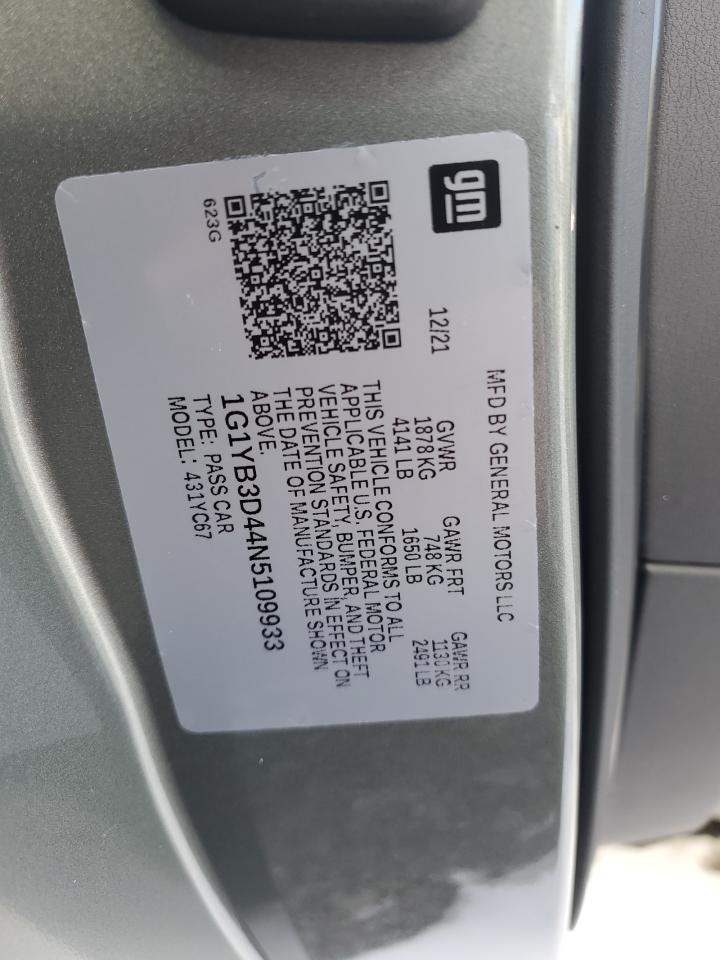 2022 CHEVROLET CORVETTE STINGRAY 2LT VIN:1G1YB3D44N5109933