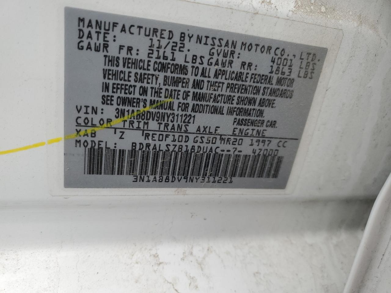2022 NISSAN SENTRA SR VIN:3N1AB8DV9NY311221