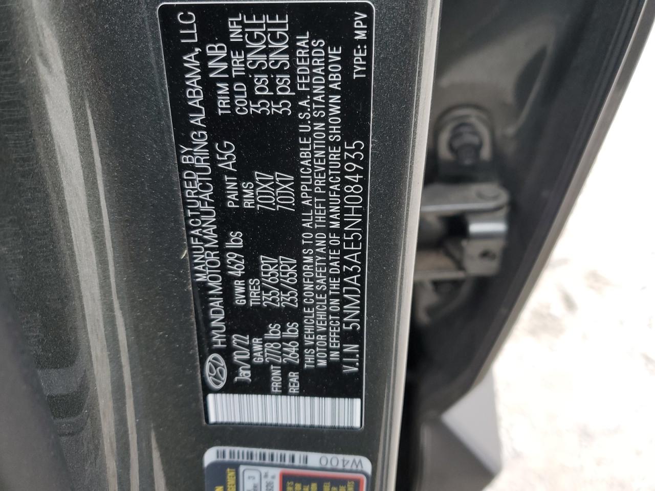 2022 HYUNDAI TUCSON SE VIN:5NMJA3AE5NH084935