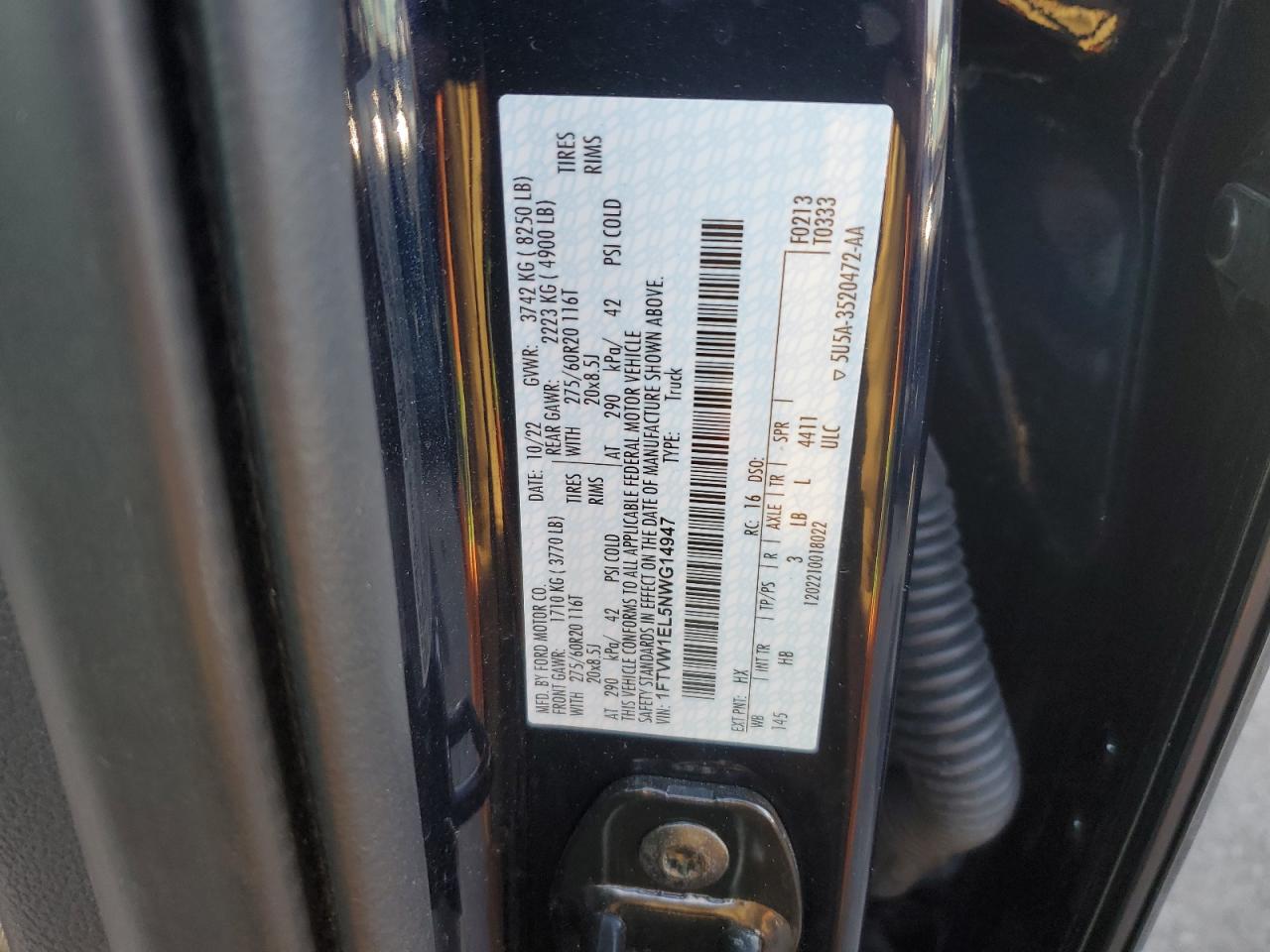 2022 FORD F150 LIGHTNING PRO VIN:1FTVW1EL5NWG14947