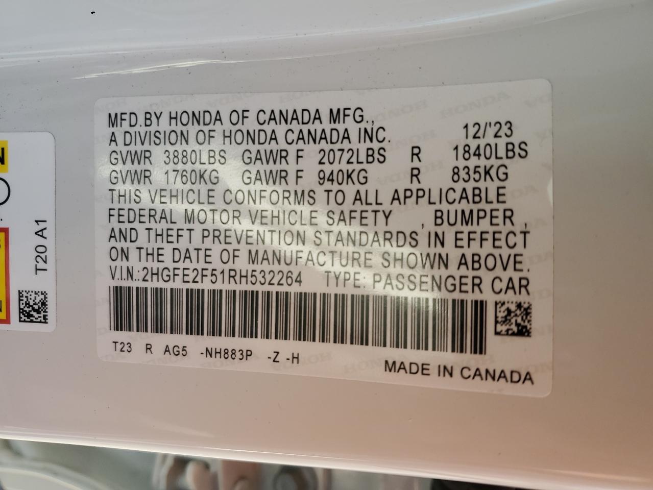 2024 HONDA CIVIC SPORT VIN:2HGFE2F51RH532264