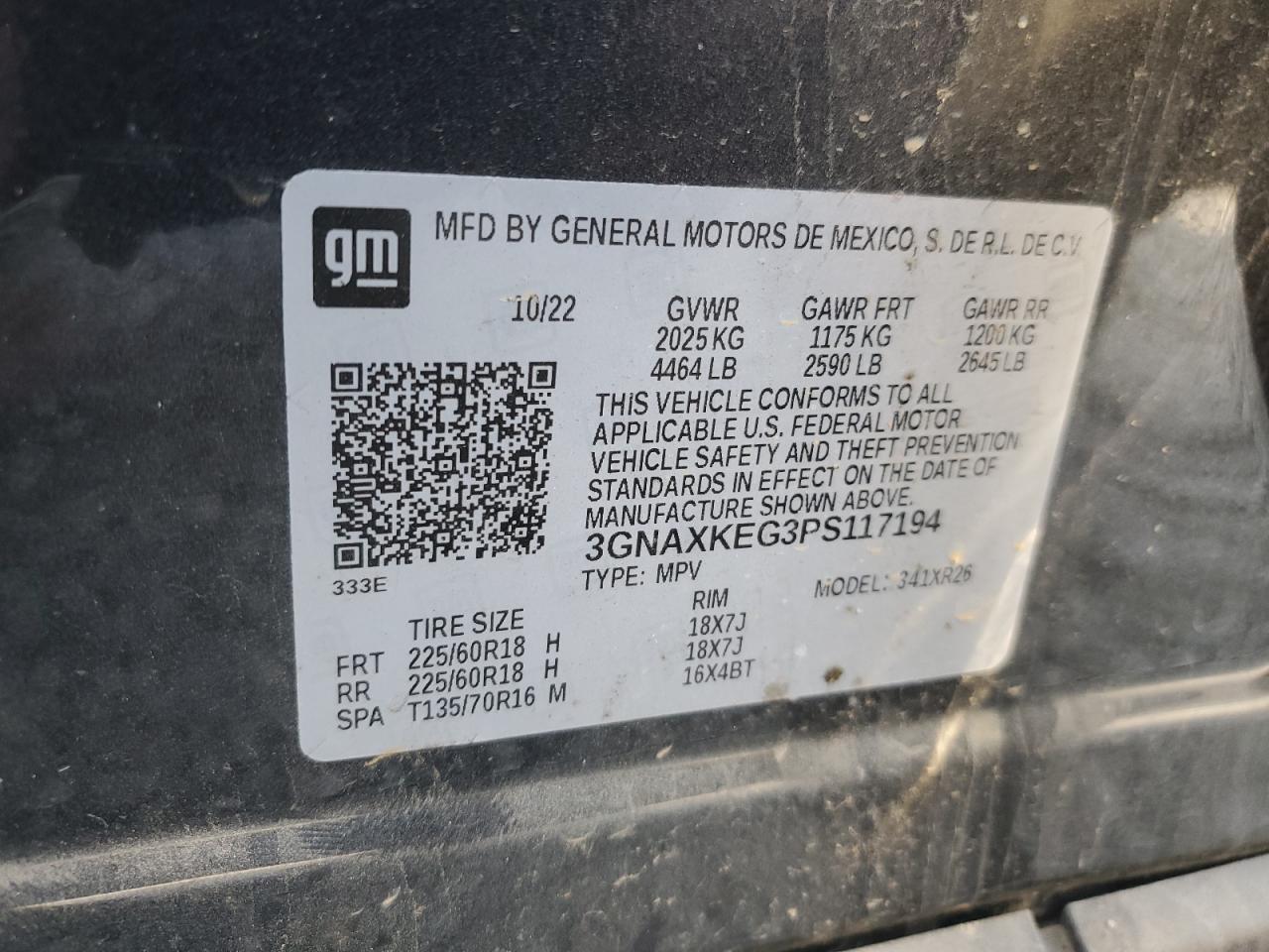 2023 CHEVROLET EQUINOX LT VIN:3GNAXKEG3PS117194