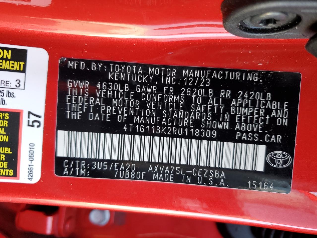 2024 TOYOTA CAMRY SE NIGHT SHADE VIN:4T1G11BK2RU118309