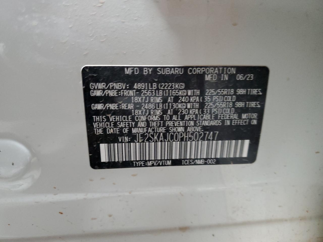 2023 SUBARU FORESTER SPORT VIN:JF2SKAJC0PH502747