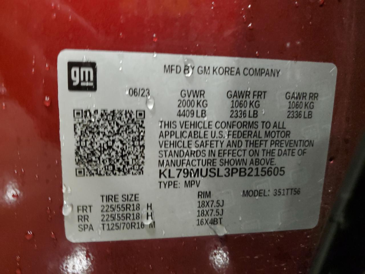 2023 CHEVROLET TRAILBLAZER RS VIN:KL79MUSL3PB215605