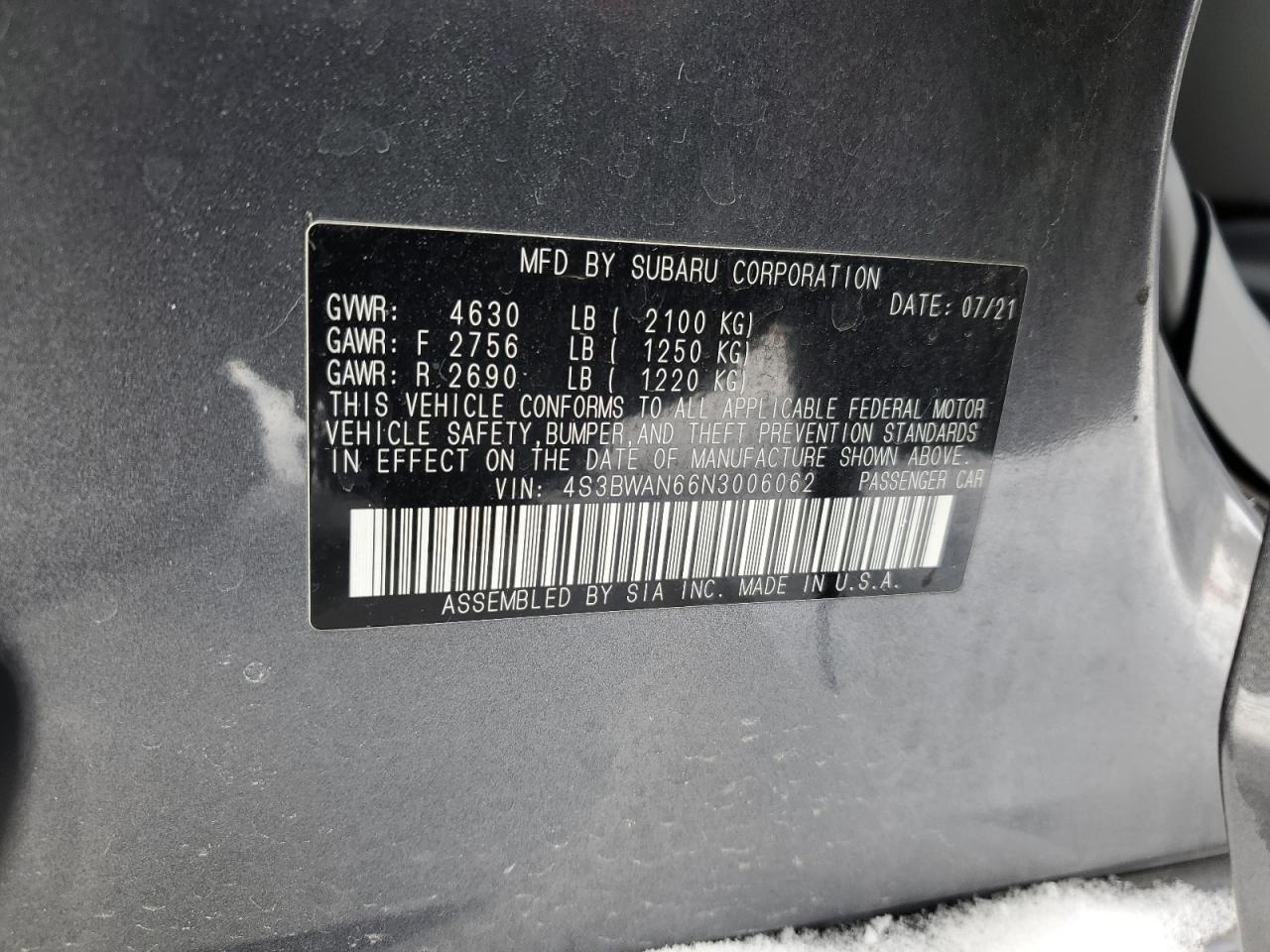 2022 SUBARU LEGACY LIMITED VIN:4S3BWAN66N3006062