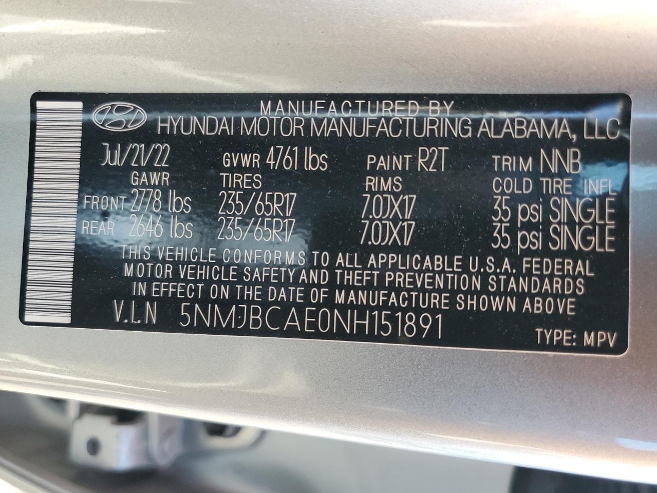 2022 HYUNDAI TUCSON SEL VIN:5NMJBCAE0NH151891
