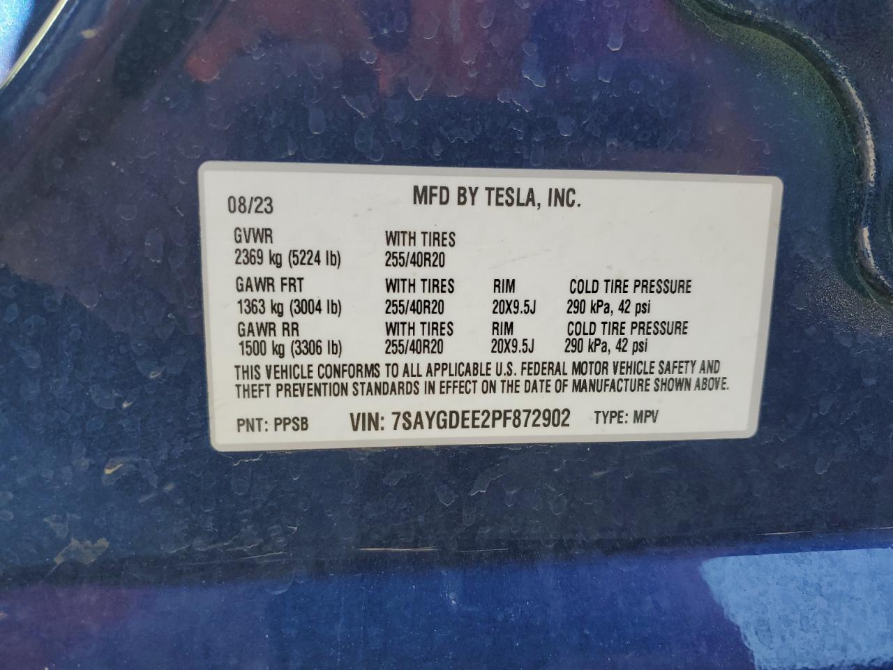 2023 TESLA MODEL Y VIN:7SAYGDEE2PF872902