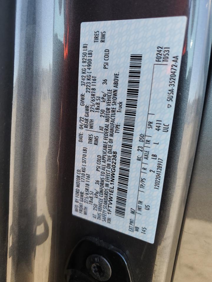 2022 FORD F150 LIGHTNING PRO VIN:1FTVW1EL1NWG02388