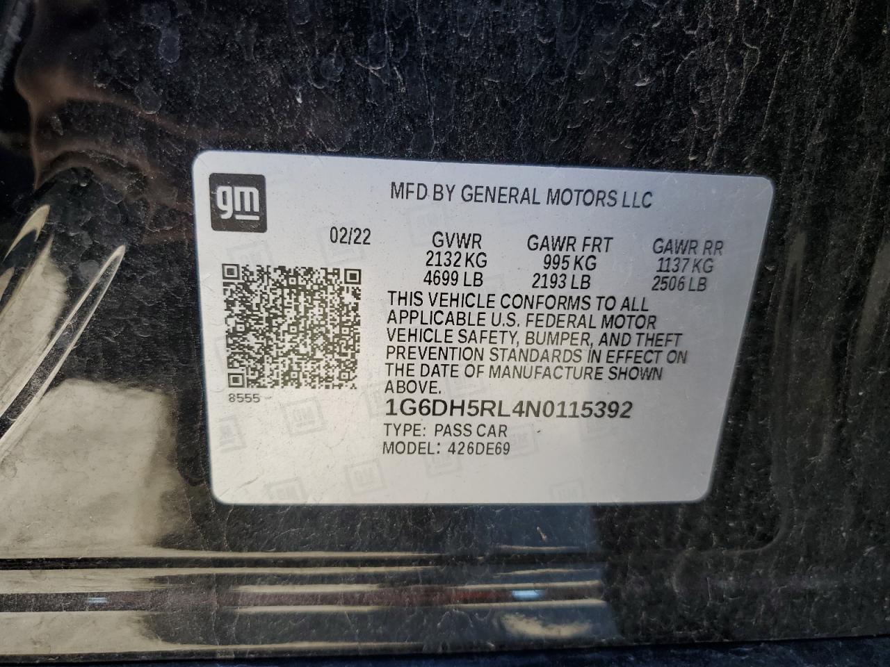 2022 CADILLAC CT4-V VIN:1G6DH5RL4N0115392