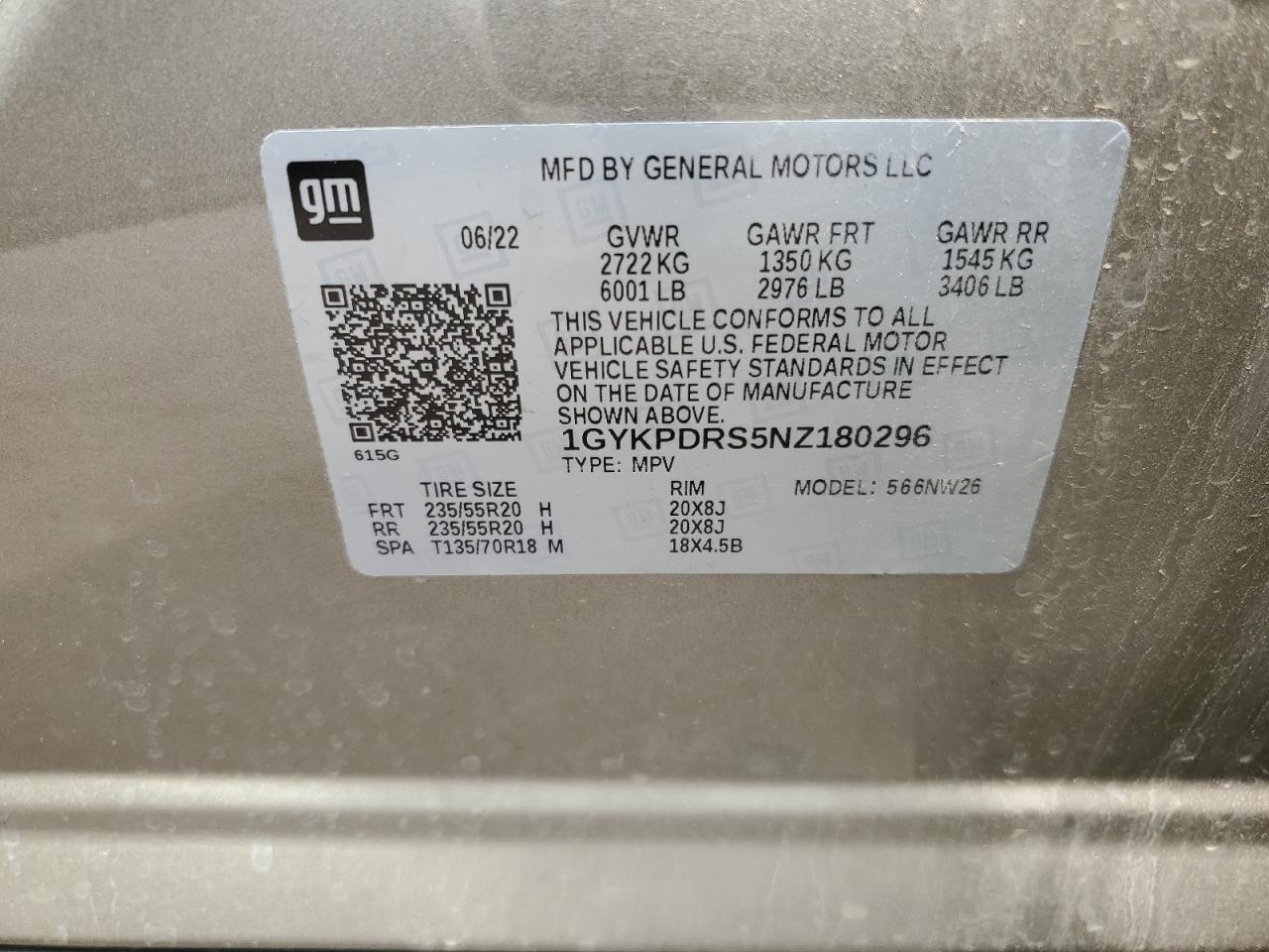 2022 CADILLAC XT6 PREMIUM LUXURY VIN:1GYKPDRS5NZ180296