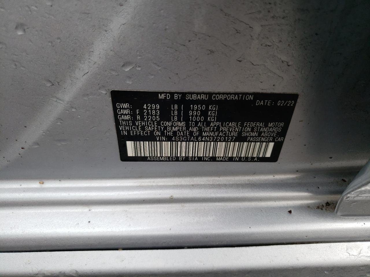 2022 SUBARU IMPREZA SPORT VIN:4S3GTAL64N3720127