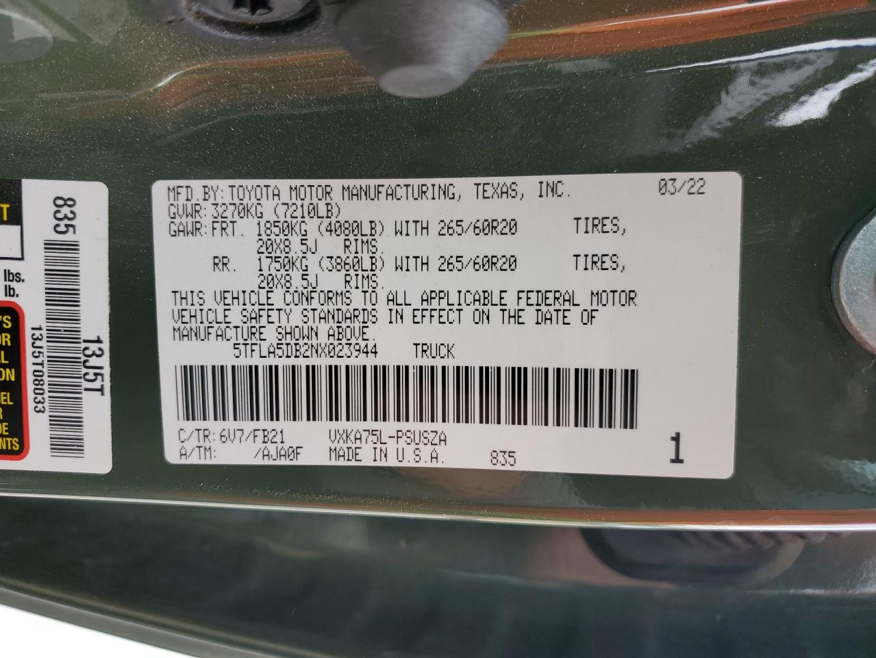 2022 TOYOTA TUNDRA CREWMAX SR VIN:5TFLA5DB2NX023944