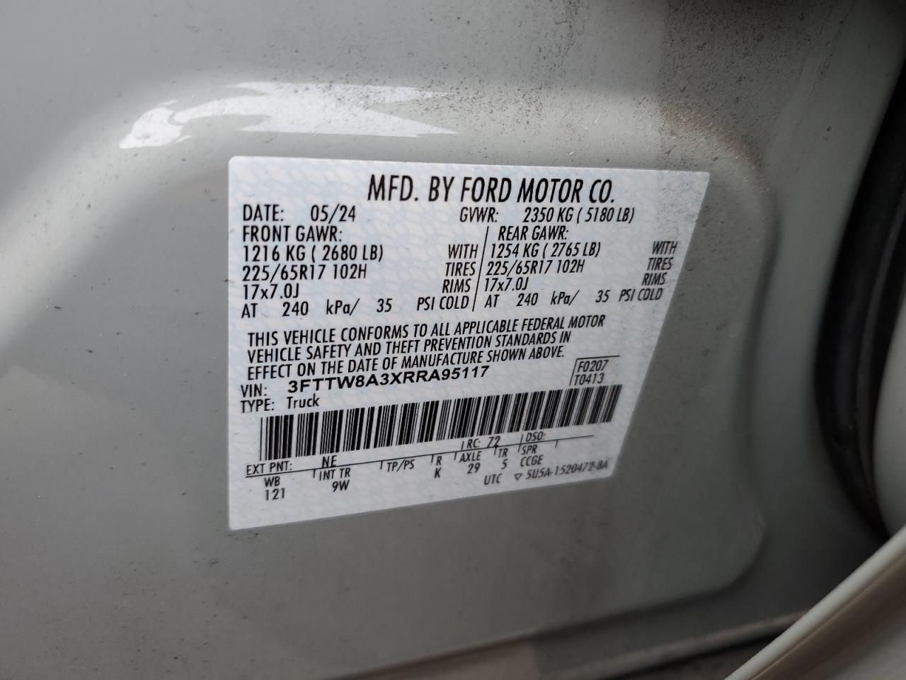 2024 FORD MAVERICK XL VIN:3FTTW8A3XRRA95117