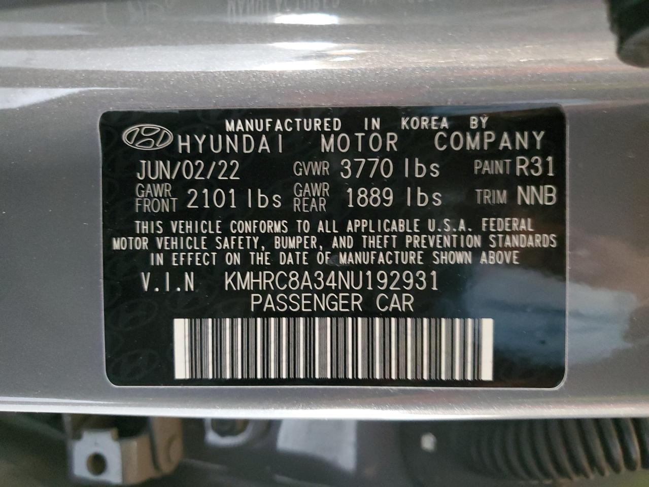 2022 HYUNDAI VENUE SEL VIN:KMHRC8A34NU192931