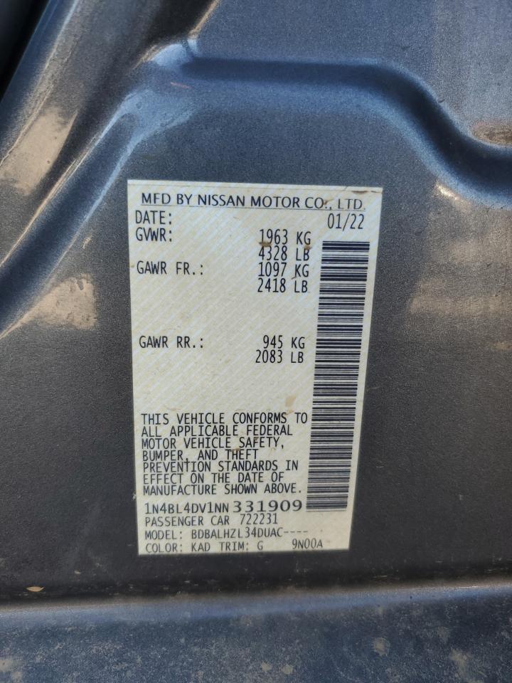 2022 NISSAN ALTIMA SV VIN:1N4BL4DV1NN331909