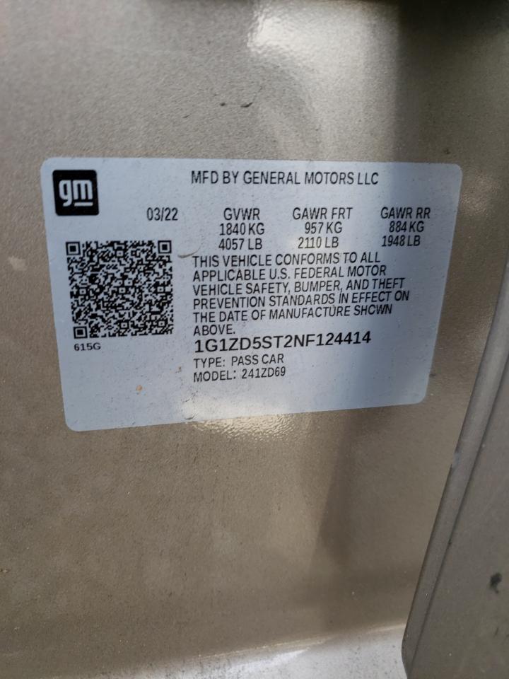 2022 CHEVROLET MALIBU LT VIN:1G1ZD5ST2NF124414