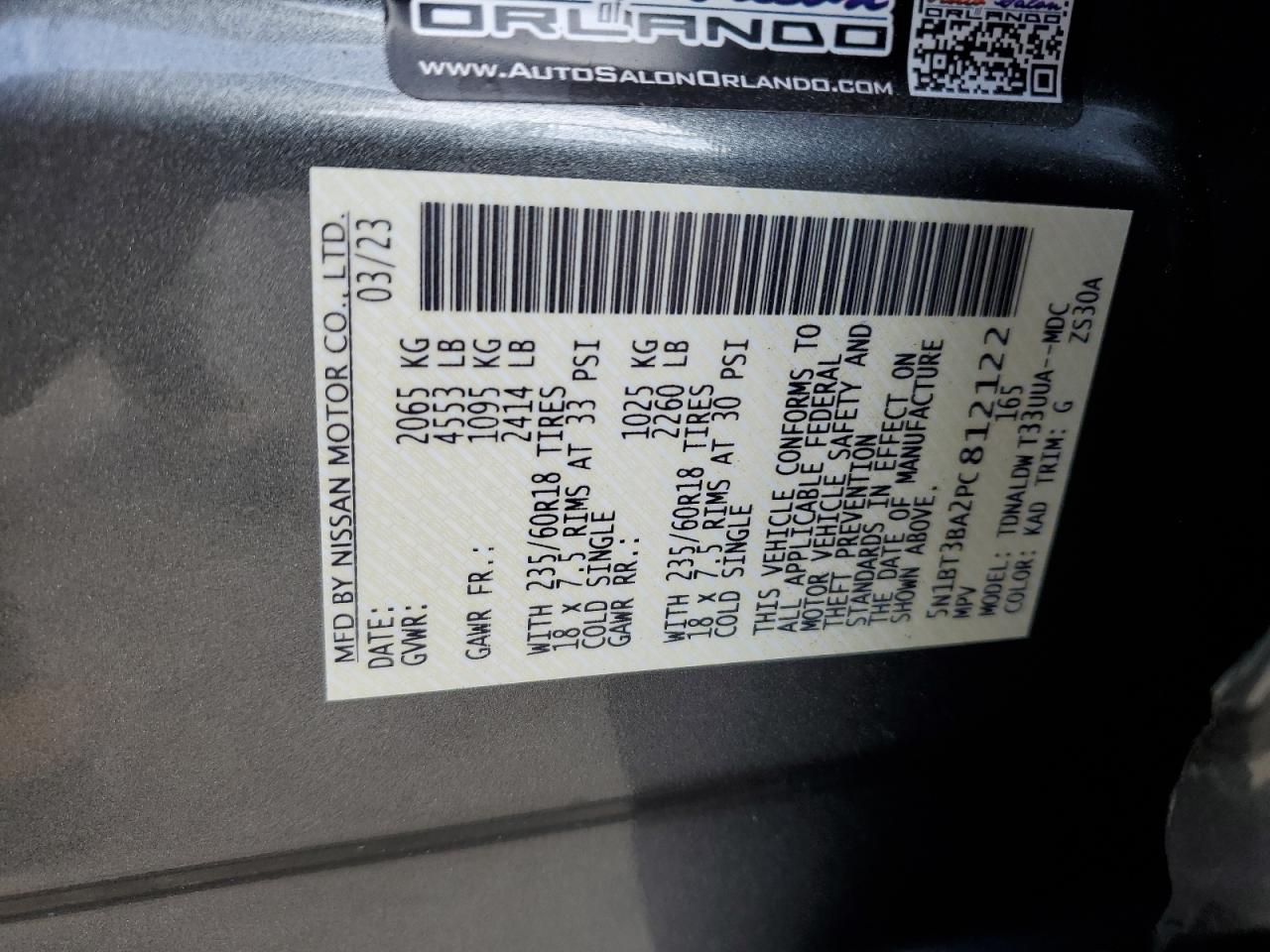 2023 NISSAN ROGUE SV VIN:5N1BT3BA2PC812122