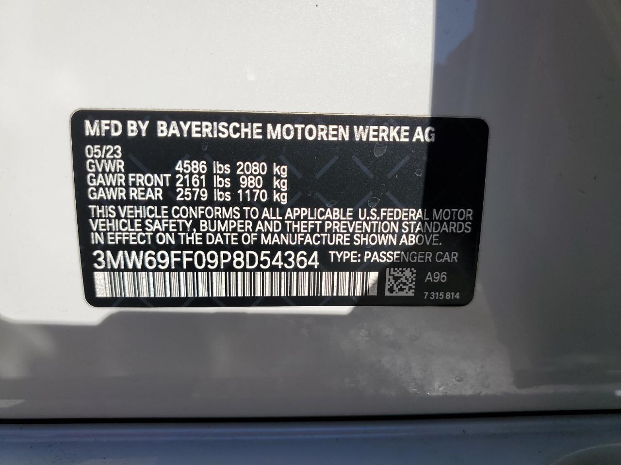 2023 BMW 330I VIN:3MW69FF09P8D54364