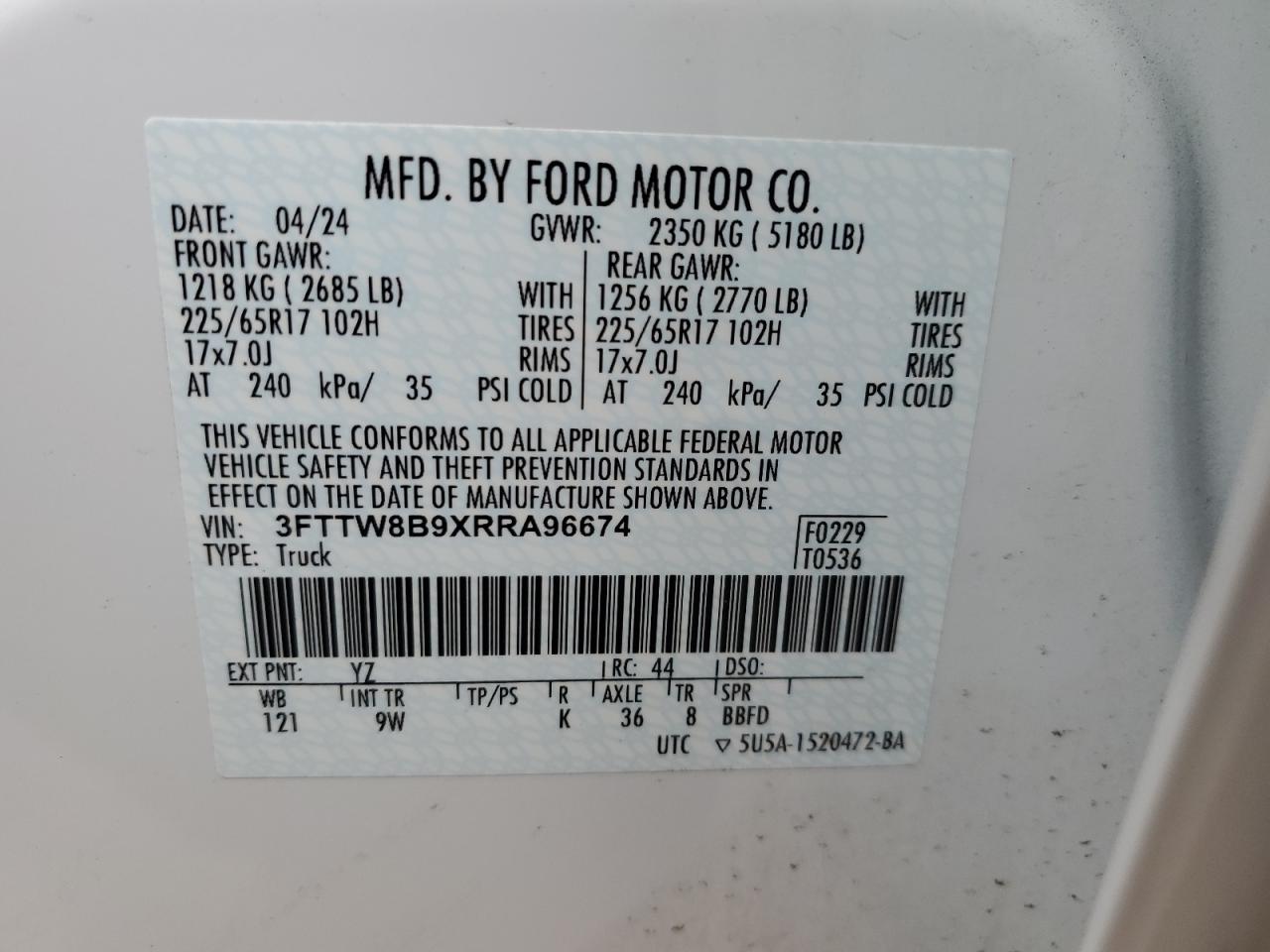2024 FORD MAVERICK XL VIN:3FTTW8B9XRRA96674