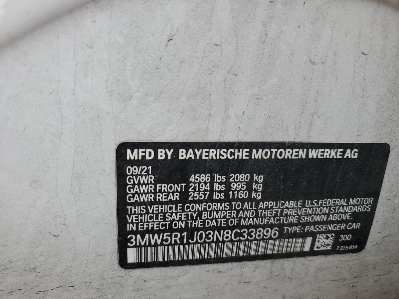2022 BMW 330I VIN:3MW5R1J03N8C33896