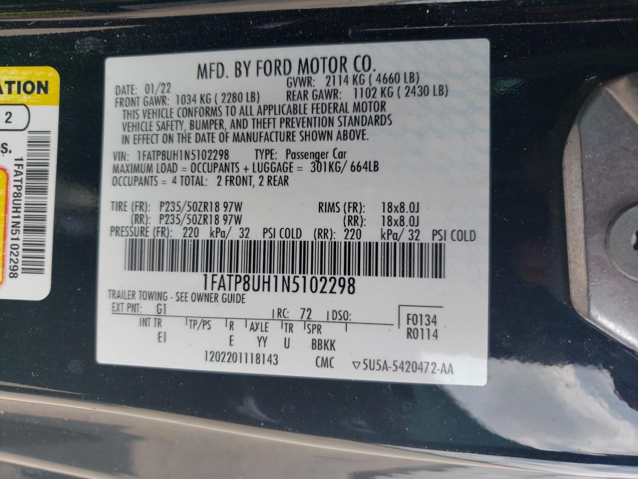 2022 FORD MUSTANG VIN:1FATP8UH1N5102298