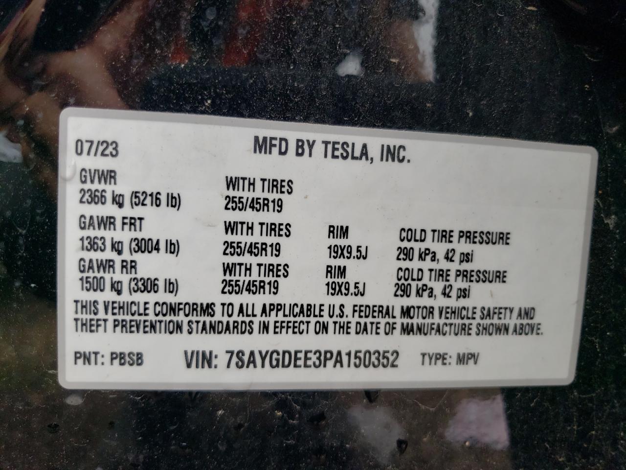 2023 TESLA MODEL Y VIN:7SAYGDEE3PA150352