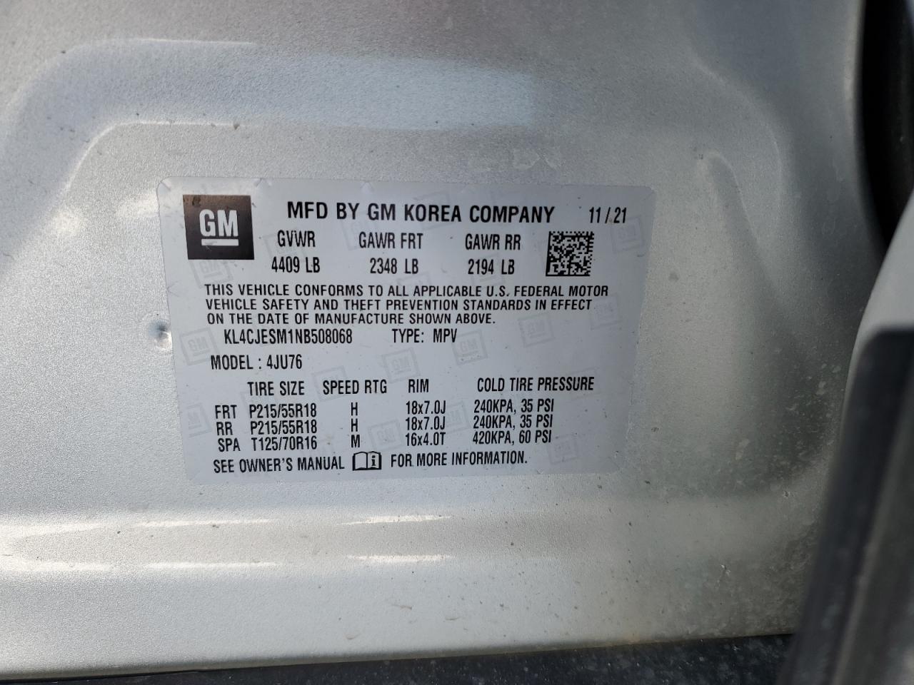 2022 BUICK ENCORE PREFERRED VIN:KL4CJESM1NB508068